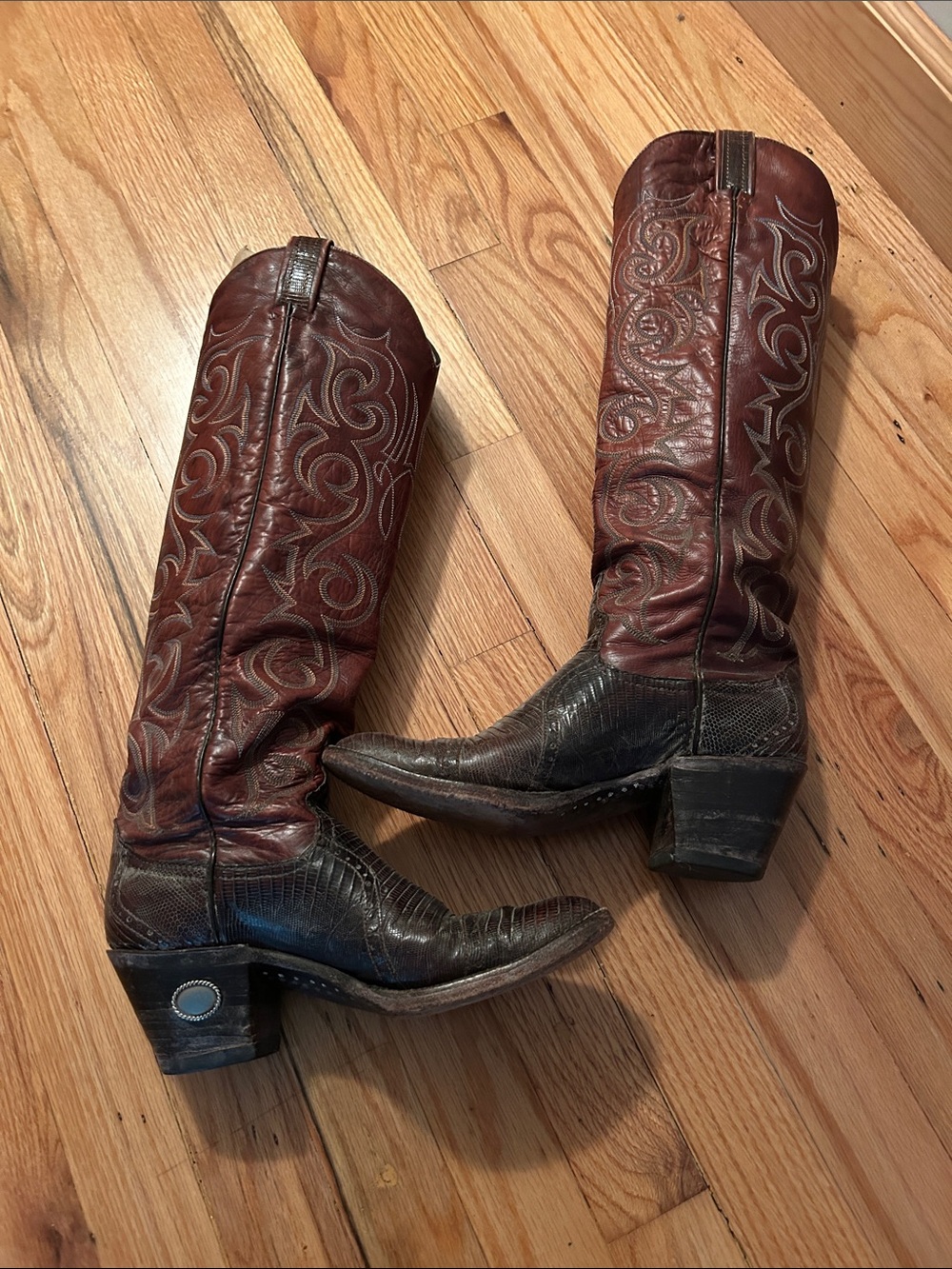 Larry Mahan Brown Two-Tone Western Knee-High Boots - Picture 3 of 5